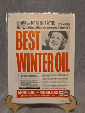 Mobil Oil Vintage 'Best Winter Oil' Advertising Print - Orange & White 1937